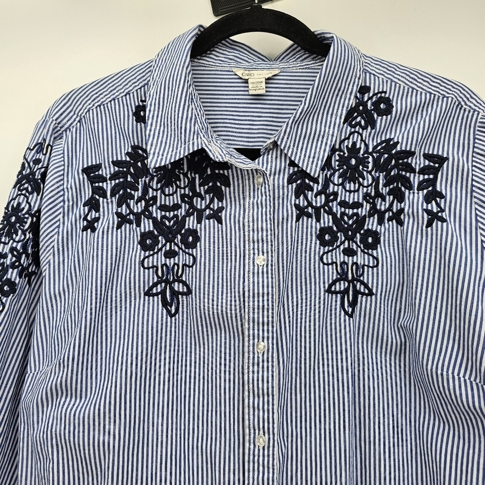Cato Embroidered Long Sleeve Light Weight Tunic Stripe Button Down Blouse 18/20w